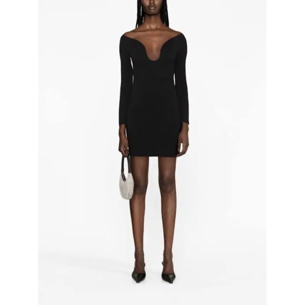 Solace London Uma Mini Dress Black Deep U-Neck Off Shoulder Long Sleeve OS36020